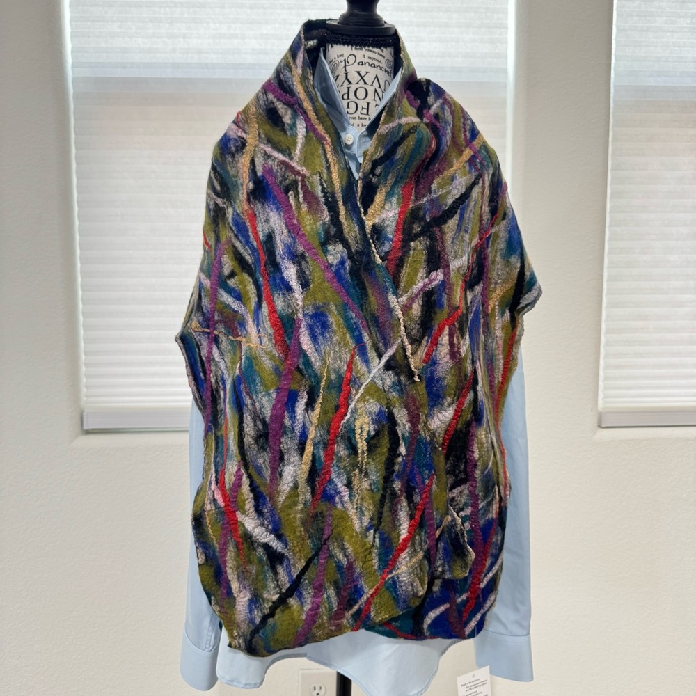 KOOLOO Artisan Felted Merino Wool Silk Scarf -NWT (Blue Olive Multi)